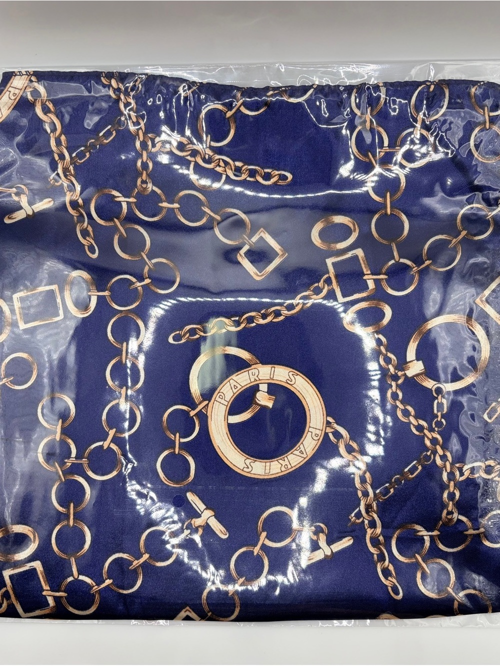Paris Chain-Print Navy Blue Silky Scarf